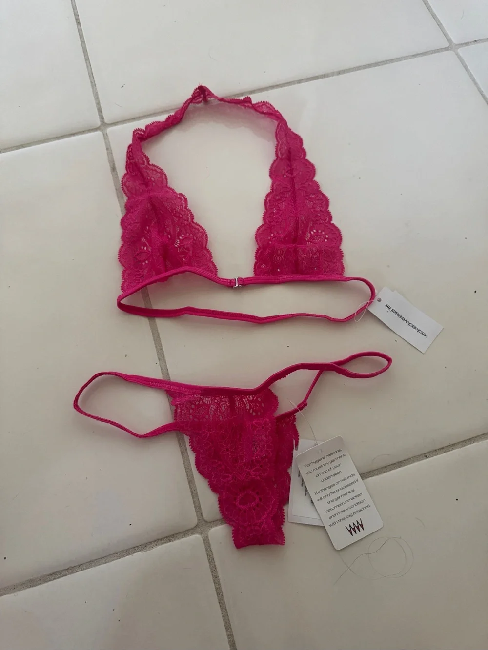 Lace Halter Bralette & Thong Set in hot pink wicked weasel